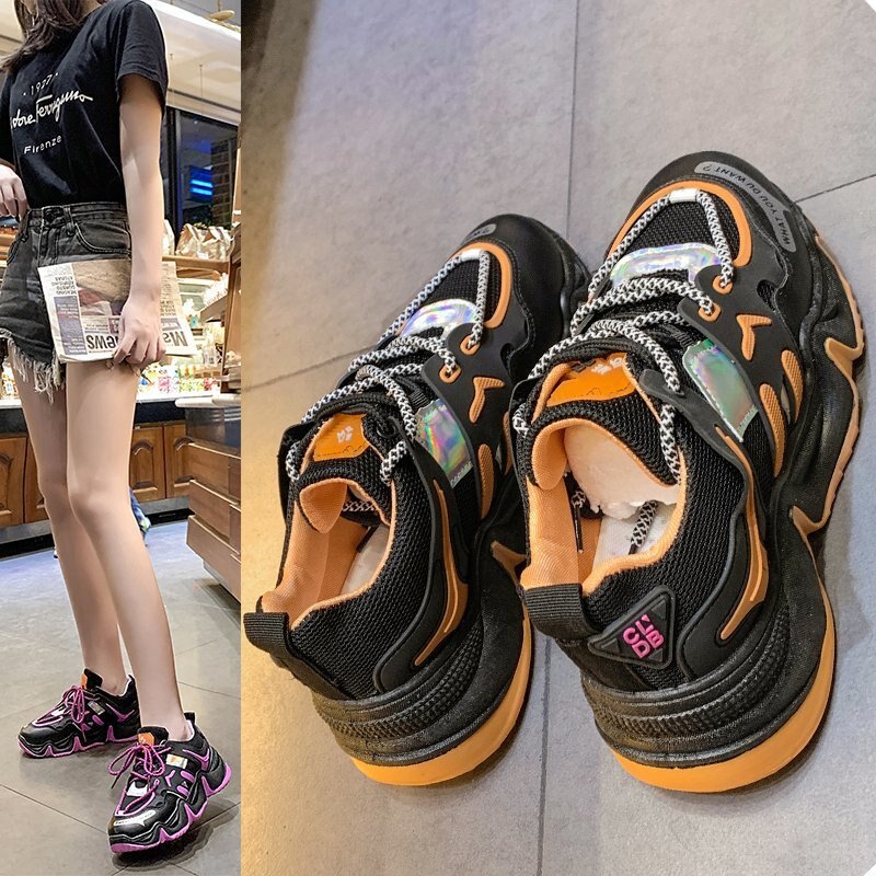 Fujin dames platform sneakers zomer ademende sneakers dikke dikke bodem casual dames dikke schoenen: Oranje / 7