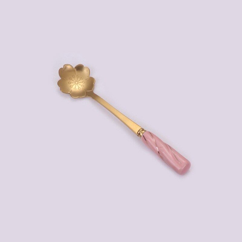 Cuchara de postre de cereza dorada japonesa creativa, mango de cerámica bonito, cuchara agitadora de café de acero inoxidable, , 1 ud.: Gold Pink