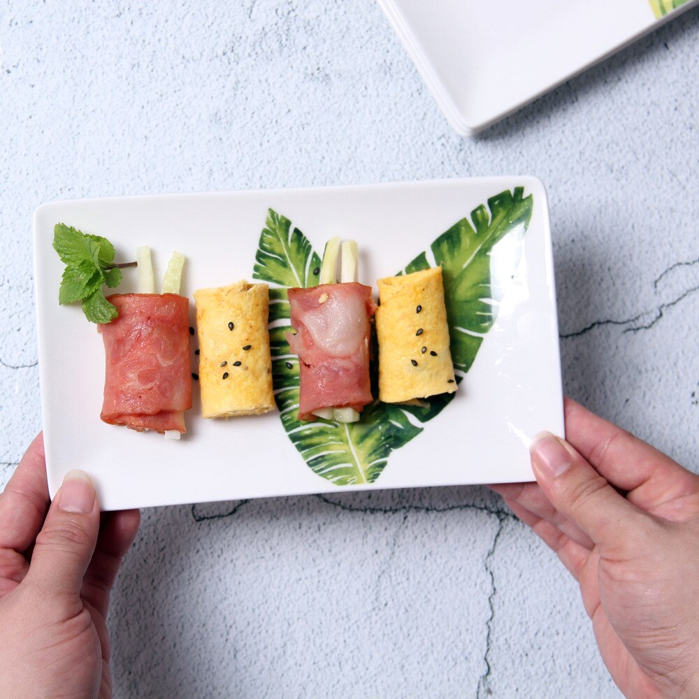 8 Inches Nordic Leaf Rectangle Ceramic Plate Green Plant Porcelain Dinner Plate Dessert Steak Sushi Tray Snack Dish Tableware