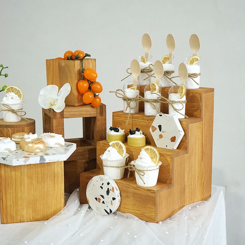 Bryllup dessert bord layout rekvisitter naturligt træ kage display stande multifunktion desserter cupcake tallerken