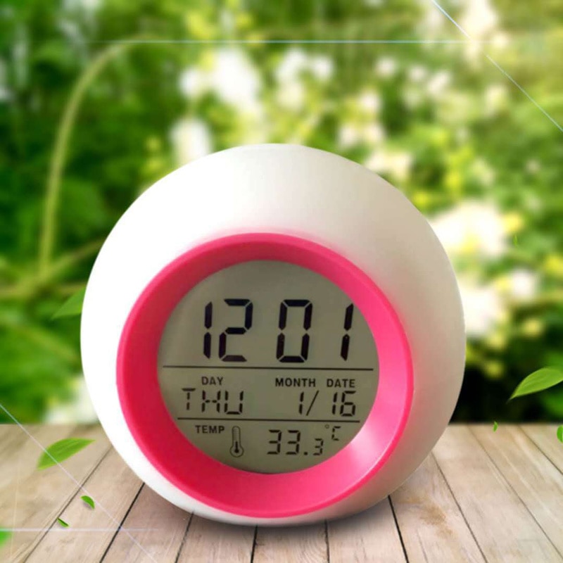 reloj despertador Calendario de 7 colores luz de fondo redonda para niños sonido Frontal alarma bola decoración Natural reloj Digital