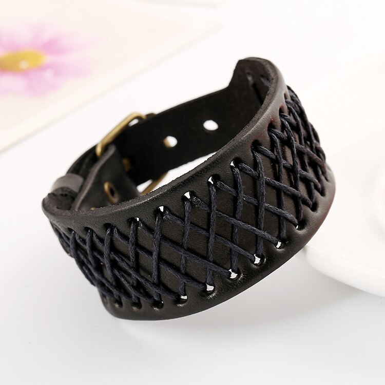 Casual Style Men Bracelets Jewelry Cord Braid Wrap Leather Bracelet Bangles 3 Colors Gold Plate Belt Buckle Valentine's Day: black