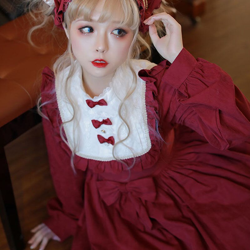 Goottilainen vintage makea lolita mekko palatsi pitsi bowknot vyöttää ohut viktoriaaninen mekko kawaii tyttö gootti lolita op loli cos