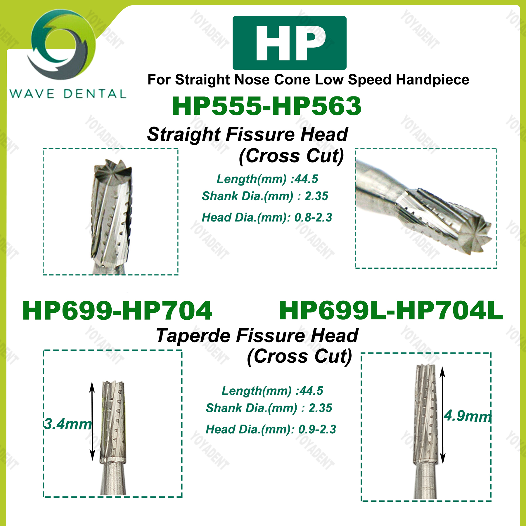 Fraises dentaires en carbure de tungstène WAVE, forets de dentisterie, fraise dentaire HP Dia 2.35mm pour cône à nez droit, pièce à main à basse vitesse 5 pièces/paquet
