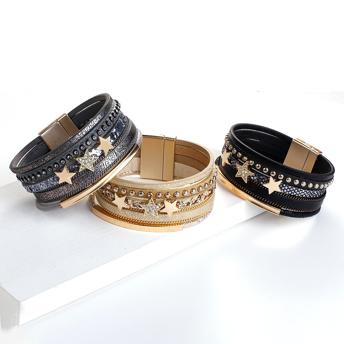 Allyes rhinestone stjerne charme læder armbånd til kvinder boho flerlags punk nitte bred wrap armbånd kvindelige smykker