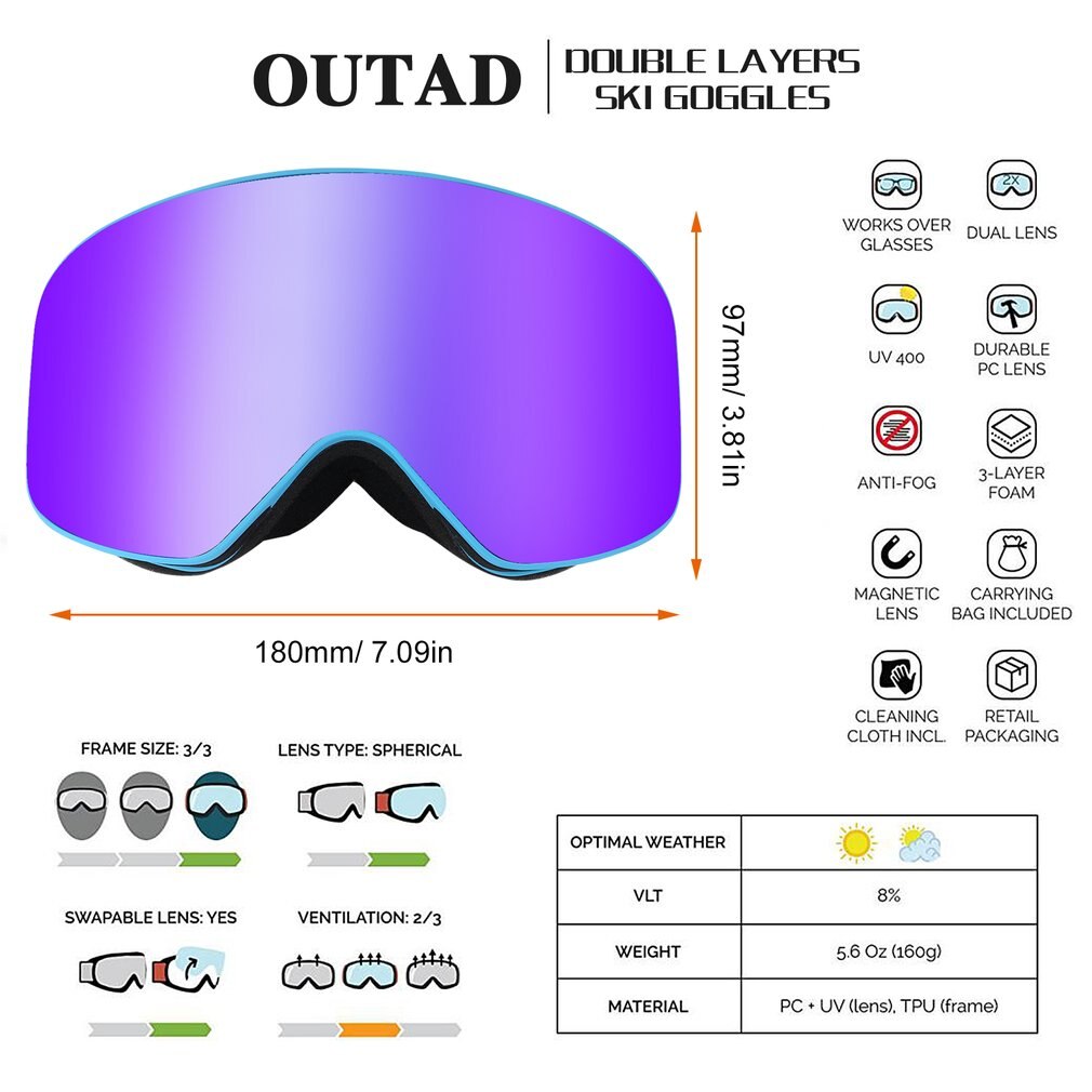 OUTAD Double Layers Ski Goggles UV Anti-fog Protection Glasses Outdoor Sports Skating Skiing Goggles Snow Snowboard Eyewear