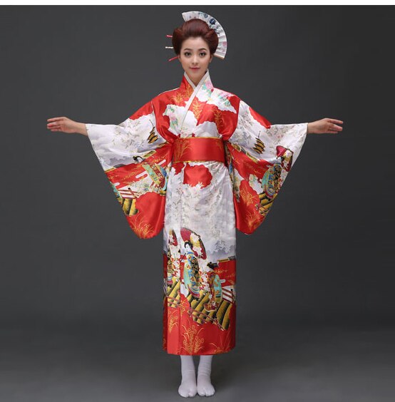 Rød vintage japanske damer kimono badekåpe kvinners faux silke yukata med obi ytelse dans kjole cosplay klær  h0029: Rød 2
