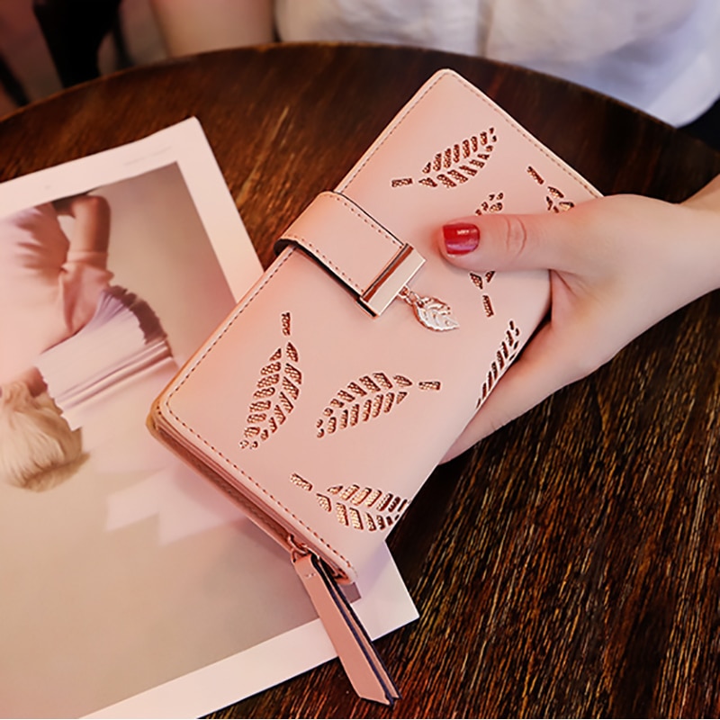 Women Wallet PU Leather Purse Female Long Wallet Gold Hollow Leaves Pouch Handbag For Women Coin Purse Card Holders Clutch