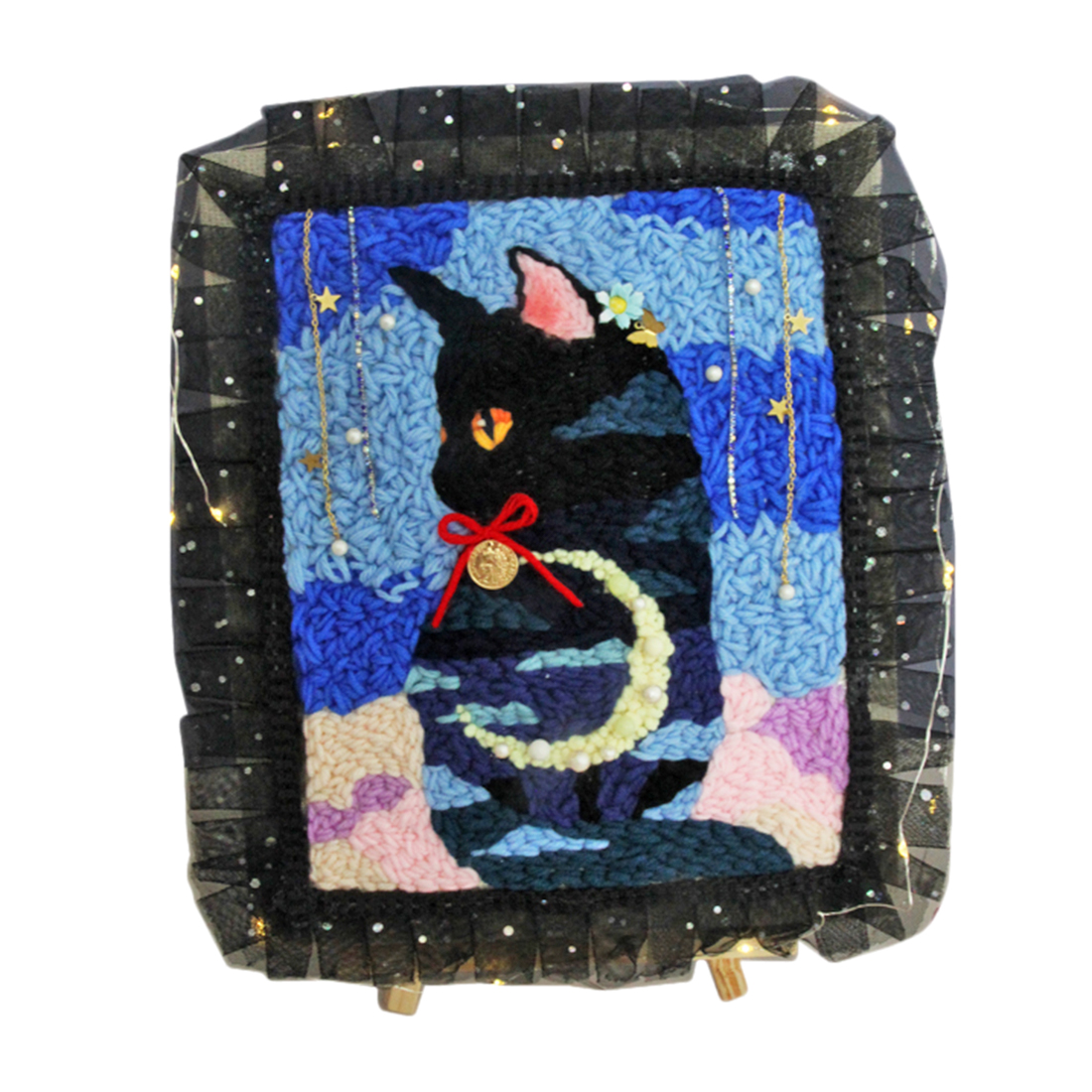 Bricolage tricot laine tapis Kit d'accrochage artisanat laine broderie cadre en bois piquer aiguille support lumière chaîne-chat forêt
