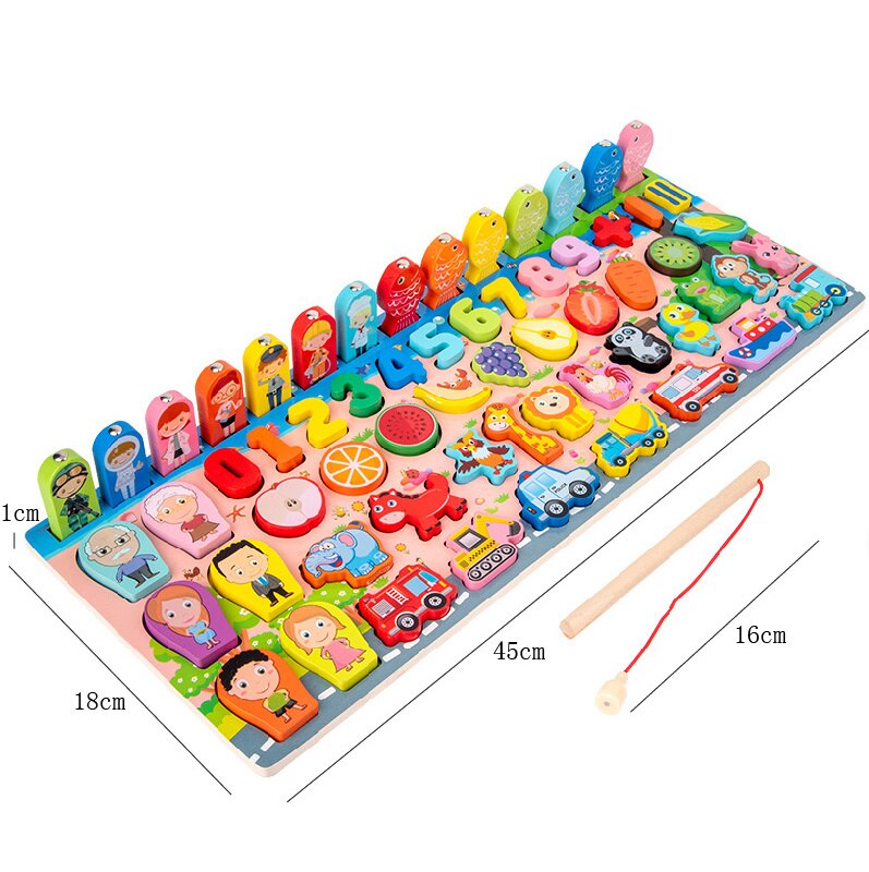Montessori Educational Wooden Toys Children Busy Board Shape Color Math Matching Puzzle Magnetic Fishing Counting Toys: Eight in One Pair