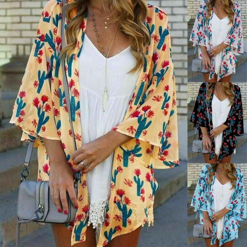 Zomer Vrouwen Lady Boho Beach Cover Up Kant Bloemen Vest Kimono Chiffon Blouse