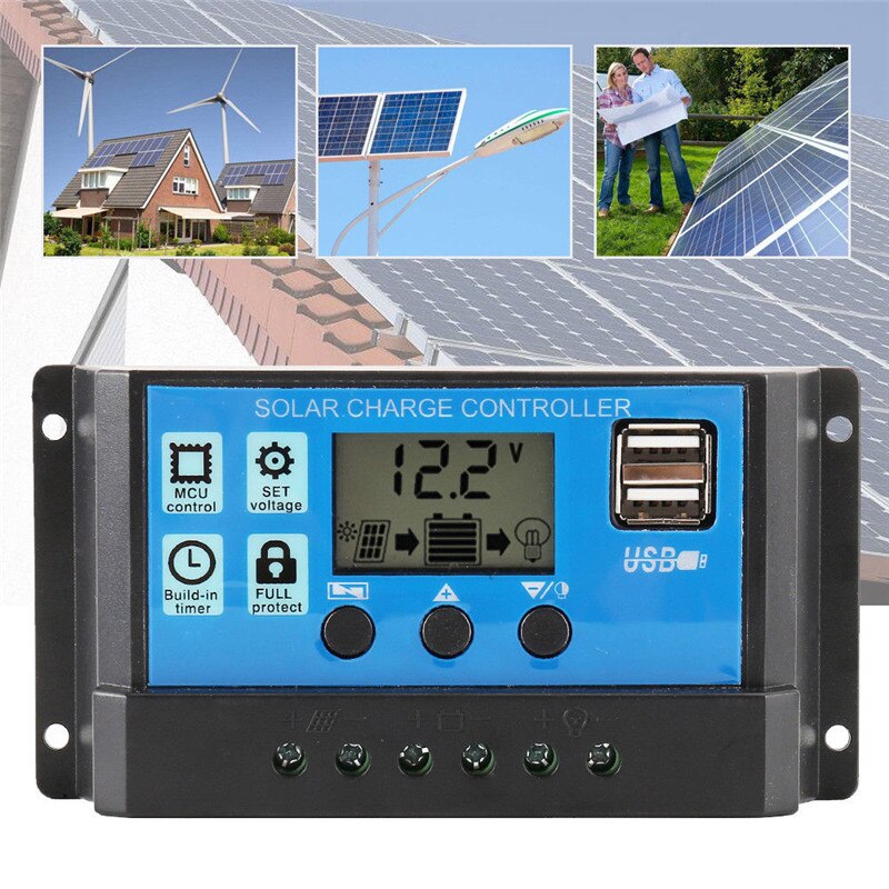Controlador de carga del regulador de la batería del Panel Solar LCD de confianza Controlador Solar Dual USB 12v 24v 20A cargador de batería Dual USB