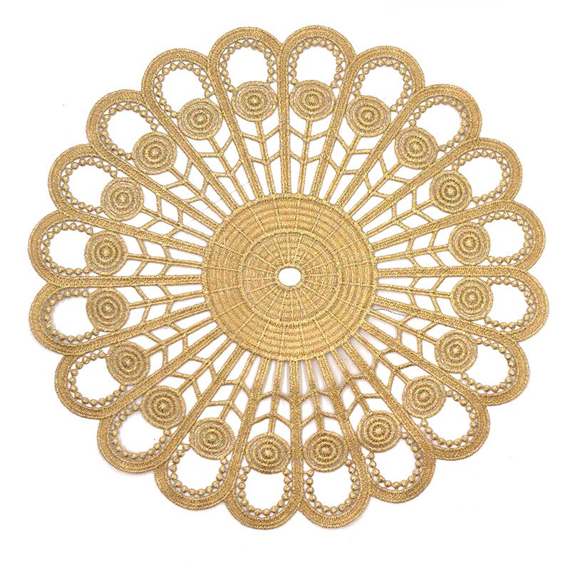 Gold 3D Lace Round Embroidery table place mat Christmas pad Cloth placemat cup mug wedding tea coaster Napkin doily kitchen
