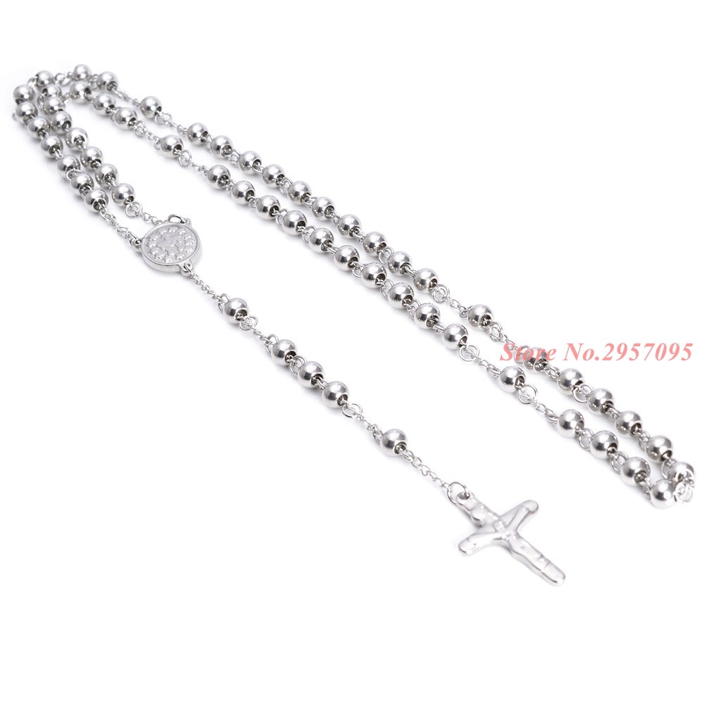 Jewelry Womens Mens Necklace Stainless Steel White Bead Rosary Chain Jesus Christ Cross Pendant