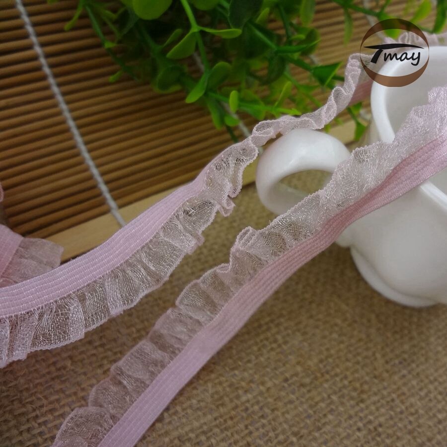 #1020 roze ruche kant trim 13mm 6 yards/lot elastische kant Vouw Chiffon Garen Kant haar Elastische bands Gaas Ruches DIY Kleding