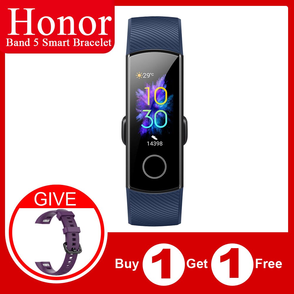 Originele Honor Band 5 Globle Versie Smart Wirstband Fitness Armband Tracker Stappenteller Hartslag Sleep Monitor Waterdichte Band: Blue and Purple