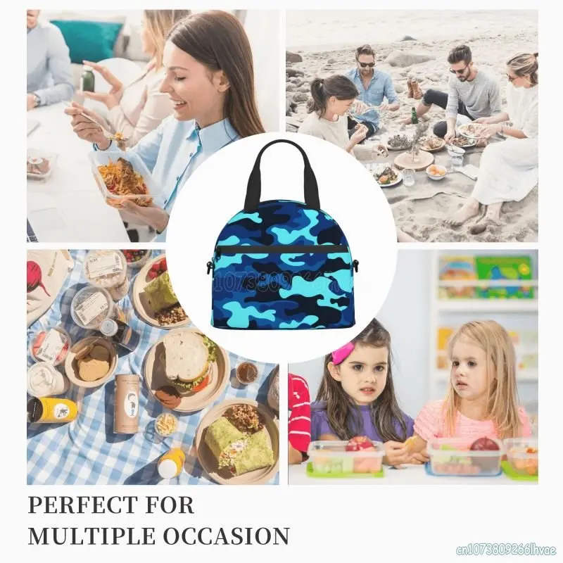 Blue Camo Camouflage Pattern Insulated Lunch Bag Reusable Thermal Leakproof Cooler Bento Tote Bags for Work School Travel Picnic