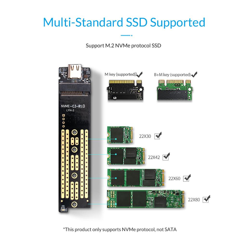 ORICO M.2 SSD Enclosure Adapter NVMe NGFF Aluminum M2 SSD Case USB3.1 Type-C Gen2 10Gbps for 2230/2242/2260/2280 SSD Up to 2TB