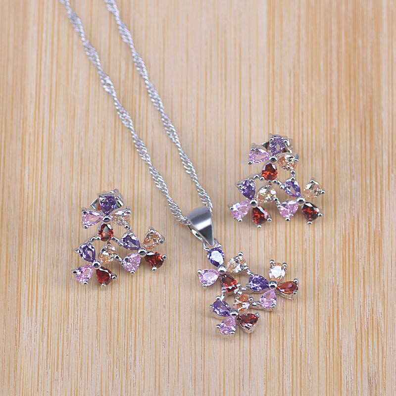 Crystal Paved Bridal Jewelry Sets Silver Color Flower Shape Pendant Necklace Earrings Women Wedding Jewelry Set: colorful