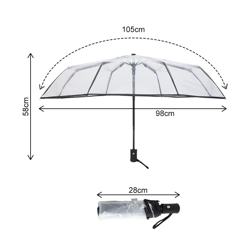 Fancytime gennemsigtig automatisk paraply til kvinder og børn i diameter 93 cm tre foldbare vindtætte solrige og regnfulde paraplyer