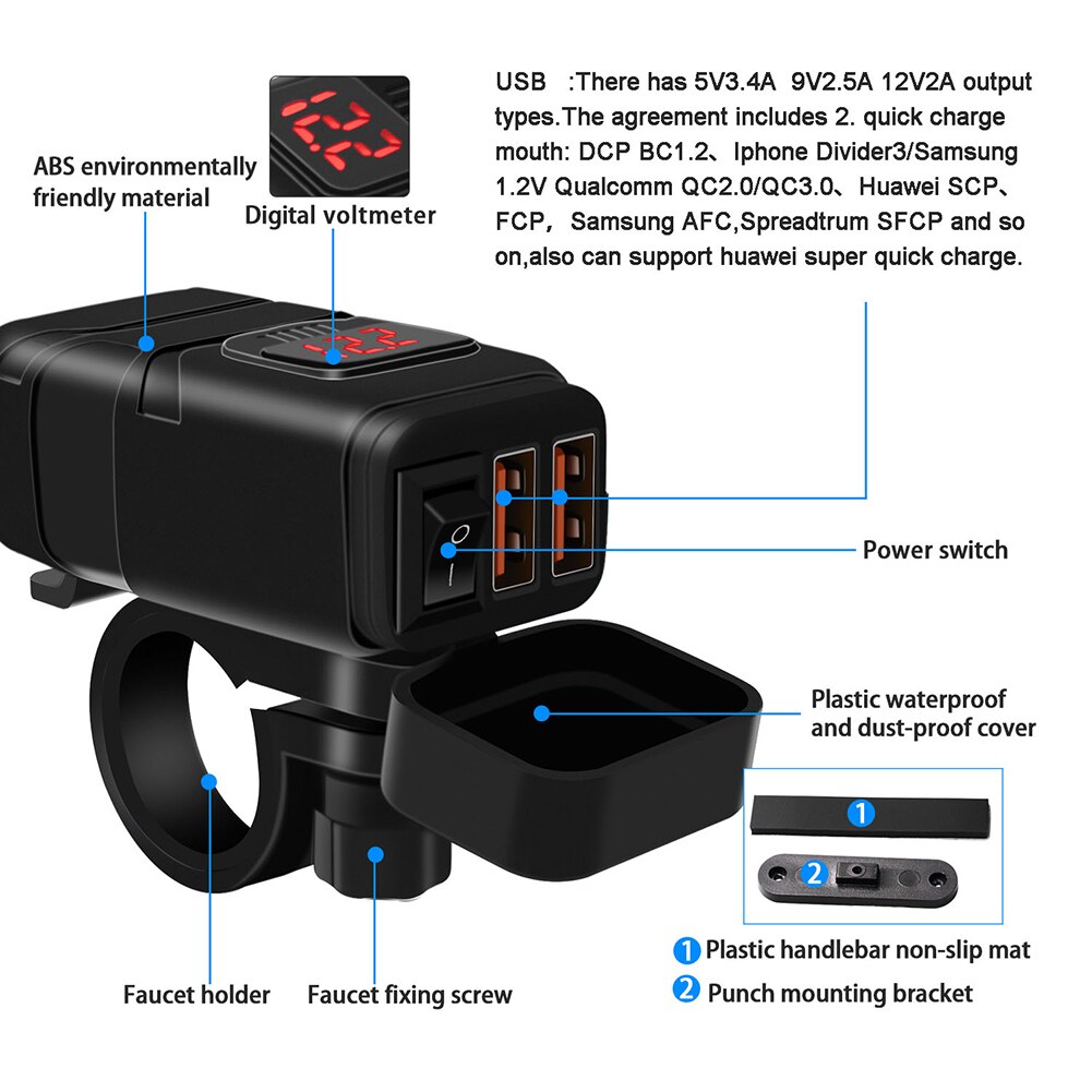 QC3.0 Usb Motorcycle Dual Usb Snellader 12V Voeding Adapter Met Led Voltmeter Op Uit Schakelaar Universele Lading