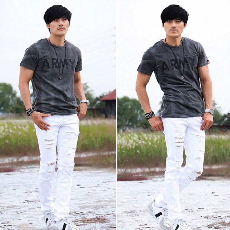 2022 White Ripped Jeans Men With Holes Skinny Famous Brand Slim Fit Destroyed Torn Jean Pants For Male