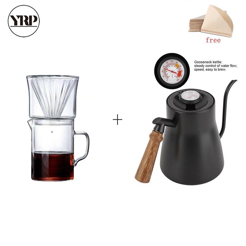 YRP V60 coffee filter glass pot coffee maker set barista tools geyser coffee maker black with thermometer drip kettle free paper