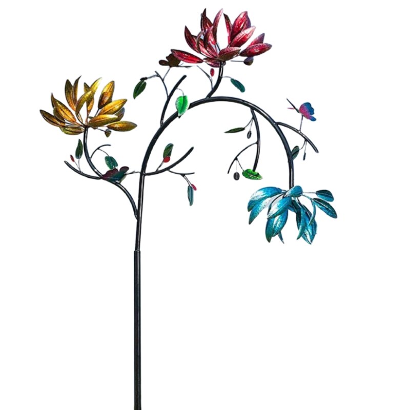 Moinho de vento de metal grande com 3 flores giratórias, borboletas, moinho de vento, escultura para decoração de arte de jardim, quintal ao ar livre: Default Title