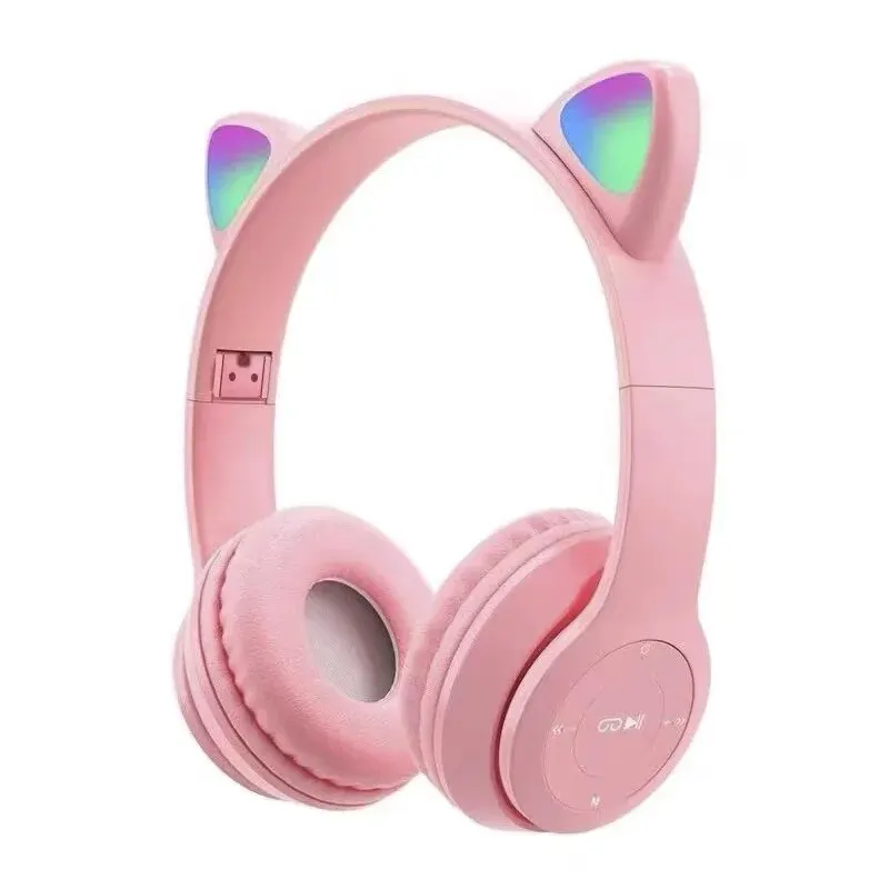 Cute Cat Ear Bluetooth Headphones with LED Wireless Headset Children Girls Stereo Folding Sports Headset with Microphone: Pink