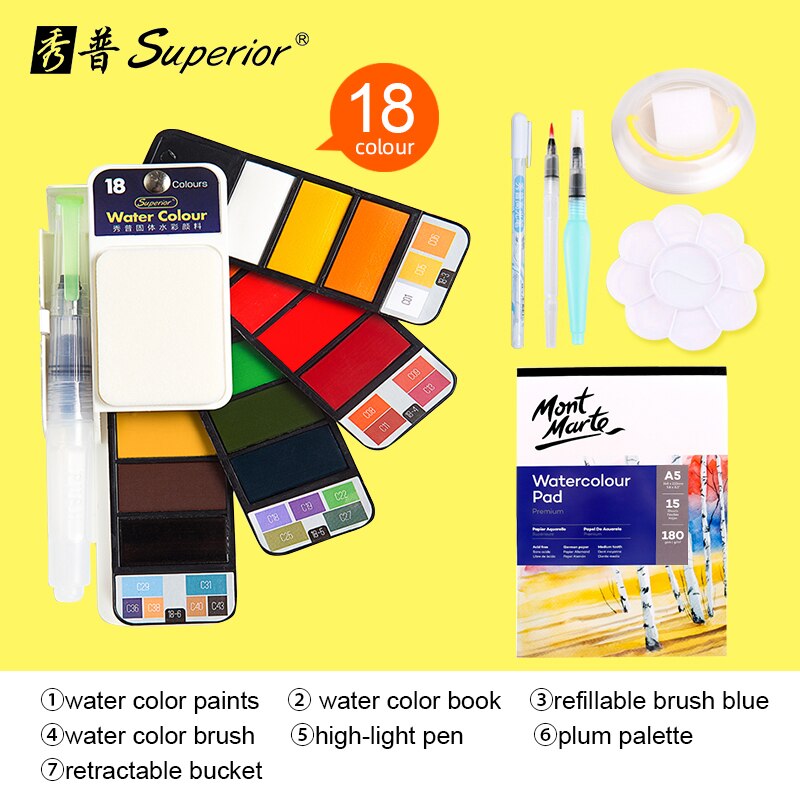 Superior 42Colors Big Set Solid Watercolor Paint With Water Brush Pen Foldable Travel Water Color Pigment For Beginner Student: 18color with 6gifts