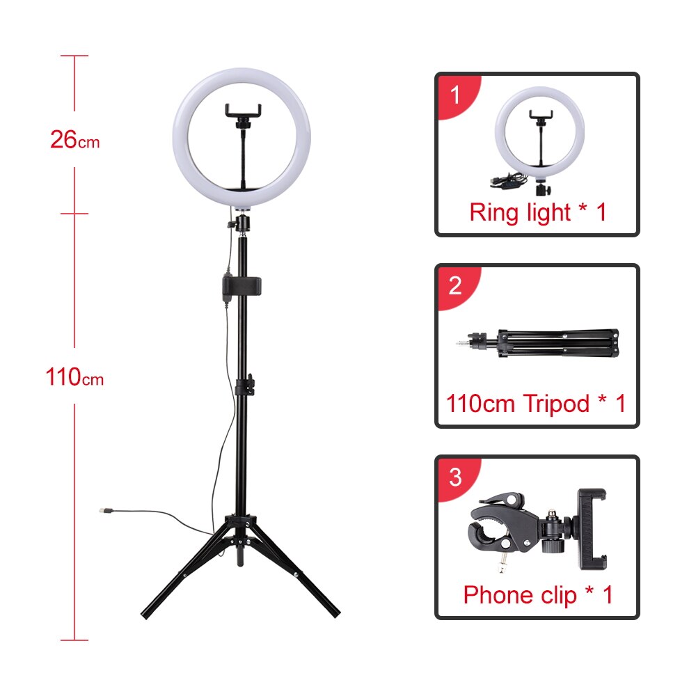 Yizhestudio 10inch 26cm USB Interface Dimmable LED Ring Light lamp Camera Phone Photography Video Makeup Lamp With Tripod clip: 1.1M -1
