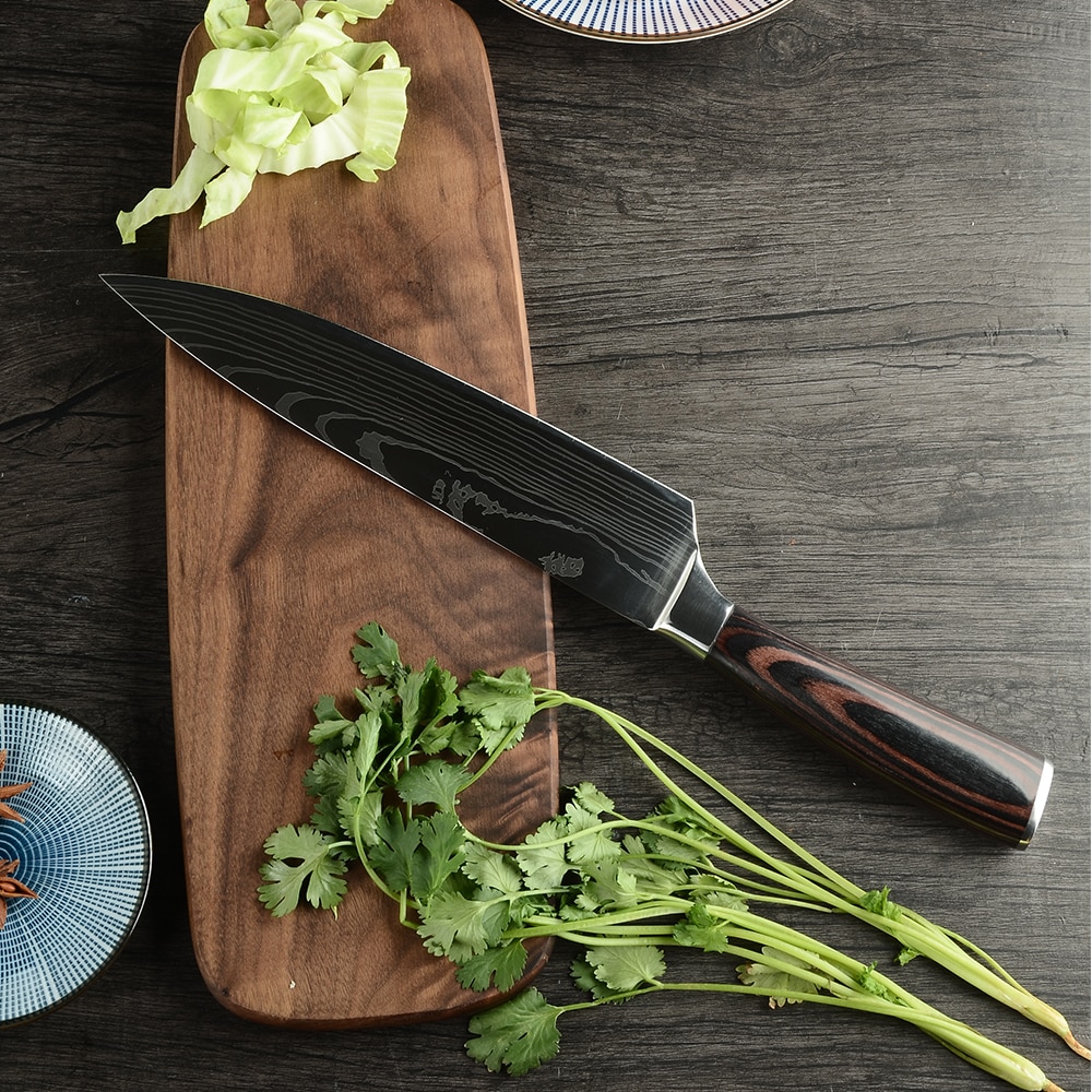 Stainless Steel Chef Knife Set with Knife Cover Case Sheath 8 Pcs Cleaver Slicing Damascus Veins Survive Kitchen Knives Set