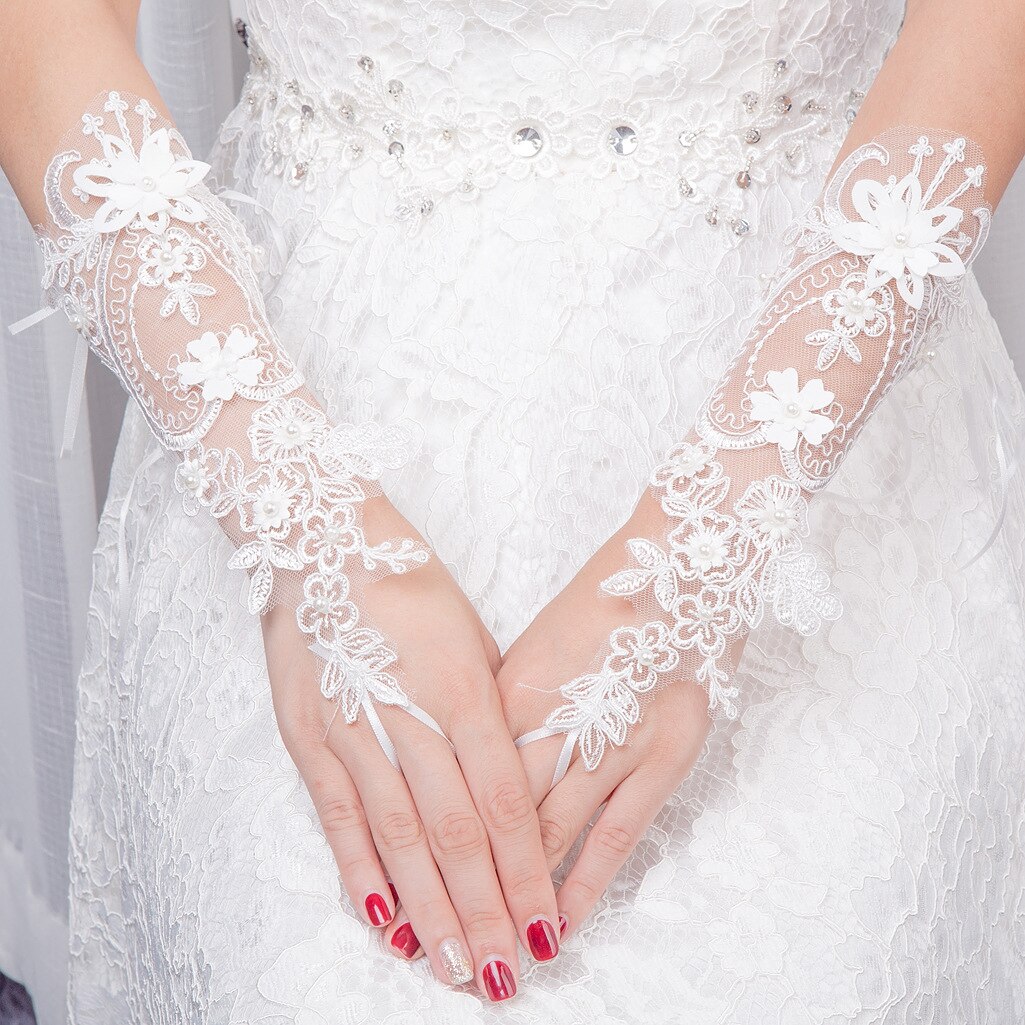 Beauty Bridal White Fingerless Wedding Gloves Lace Pearls Eblow Length Glove Party Ornament Accessory