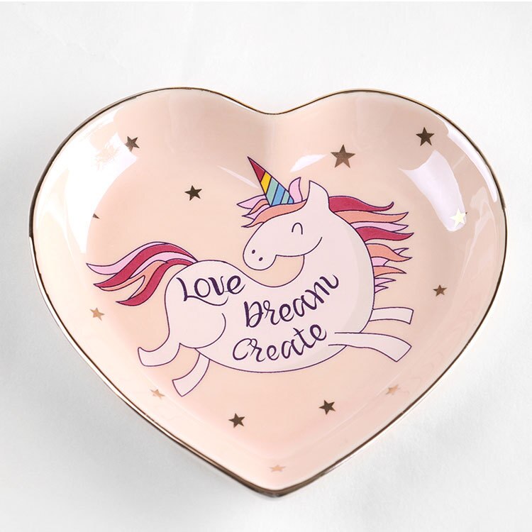 Unicórnio Dos Desenhos Animados Coração-em forma de taças de cerâmica placas de sorvete Decoração Artesanato Jóias prato Lanche prato Lanche bandeja de armazenamento de doces: Pink A