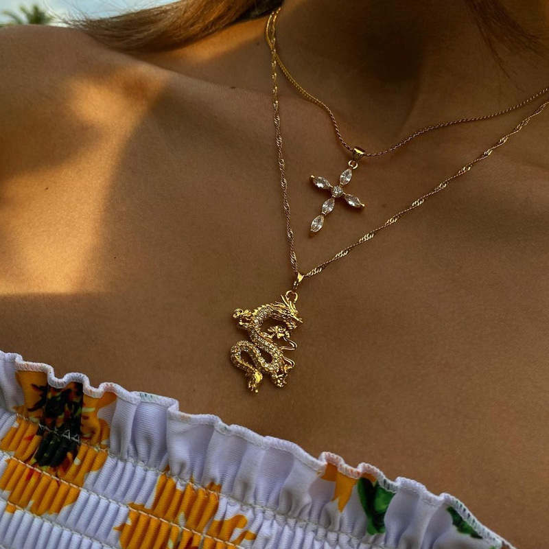 Drachenanhänger-halskette für damen, edelstahl, goldkette, zirkonia-choker, maskottchen-halskette, schmuckcollier femme