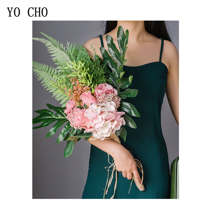 YO CHO Braut Hochzeit Strauß Fotografie Hochzeit Liefert Künstliche Seide Rose Hortensien Blume Cycas Strauß Grünen Wald Stil