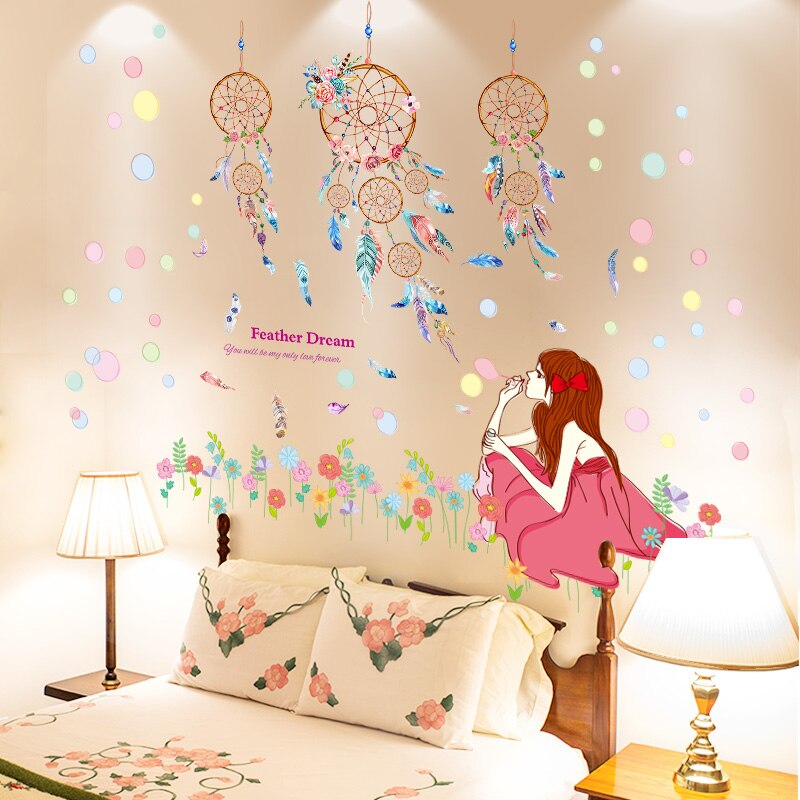 [Shijuekongjian] Dreamcatcher Veer Muursticker Diy Cartoon Meisje Bloemen Mural Decals Voor Kinderkamer Baby Slaapkamer Decoratie
