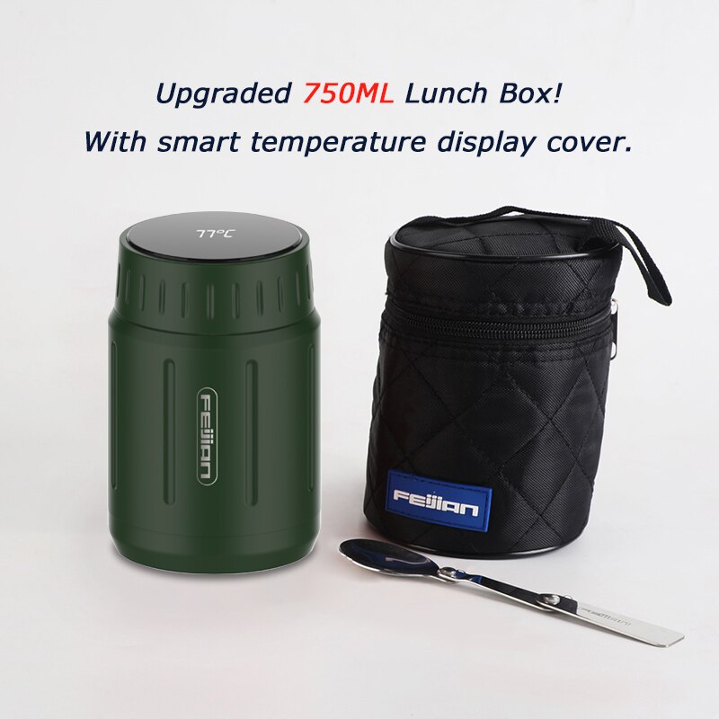 FEIJIAN – boîte à déjeuner, Thermos alimentaire 18/10 en acier inoxydable, conteneurs de soupe alimentaires portables adaptés à la maison et au voyage, gobelet de 500ML: 750ML Army Green