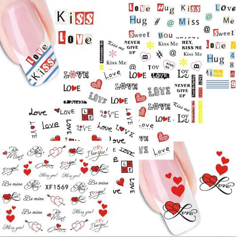 Nail Art Sticker Kus liefde knuffel Nail Sticker Mooie Valentijn Nagels Stickers Water Decals Cartoon Brief Stickers Voor Nail 24 stuks