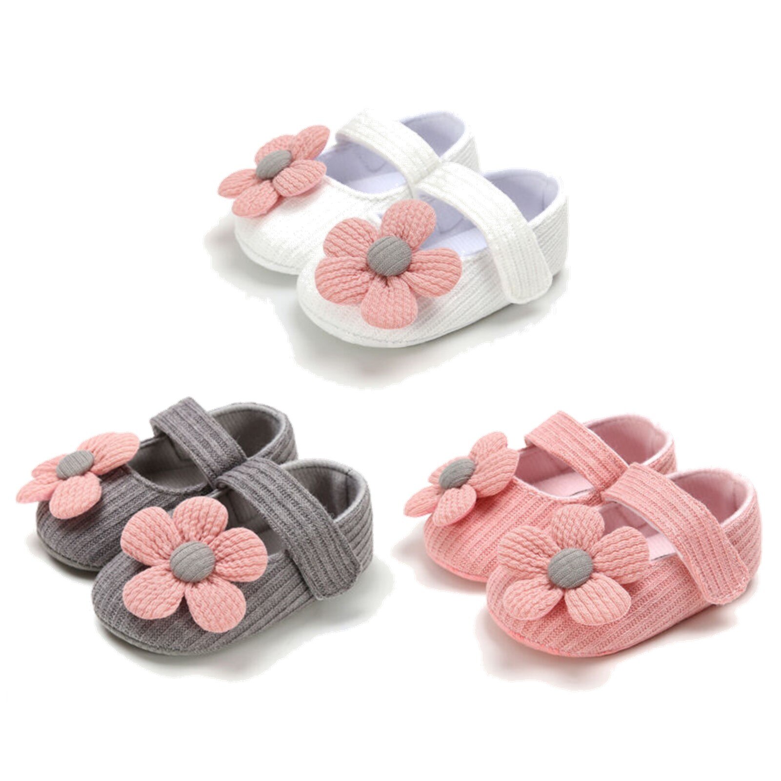 Spring 0-18M Baby Girl Big Flower Crib Shoes Buckle Strap Soft Bottom Cotton Anti-Slip Toddler Infant Footwear 3 Colors