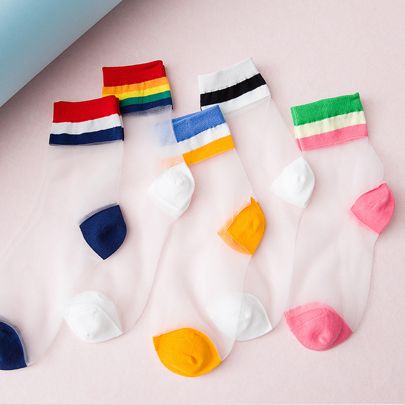 rainbow stripe Transparent Silk Socks Women Ultra-thin spring summer socks style Japan Glass fiber Invisible socks