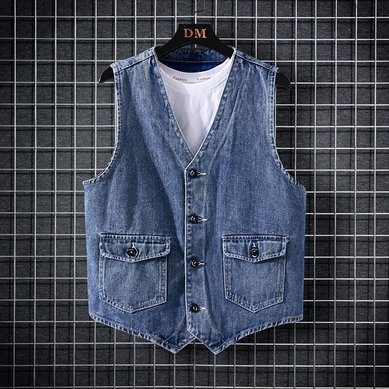 Chaleco vaquero de para hombre, chaqueta sin mangas de bolsillo de algodón, estilo clásico, con cuello en V, M-2XL: L