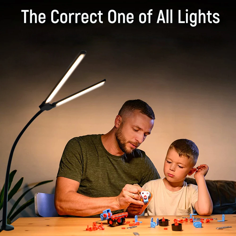 Led-bureaulamp met dubbele kop, traploos dimbaar, oogvriendelijk, leeslamp voor thuis, 3 kleurmodi, flexibel verstelbaar, pc-bureaulamp.