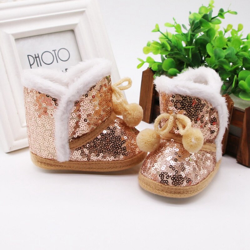 Infant Anti-slip Toddler Shoes Newborn Baby Shoes Winter Baby Boy Girl Sequin Snow Boots Plush Ball Cotton Shoe: Yellow / 0-6 Months