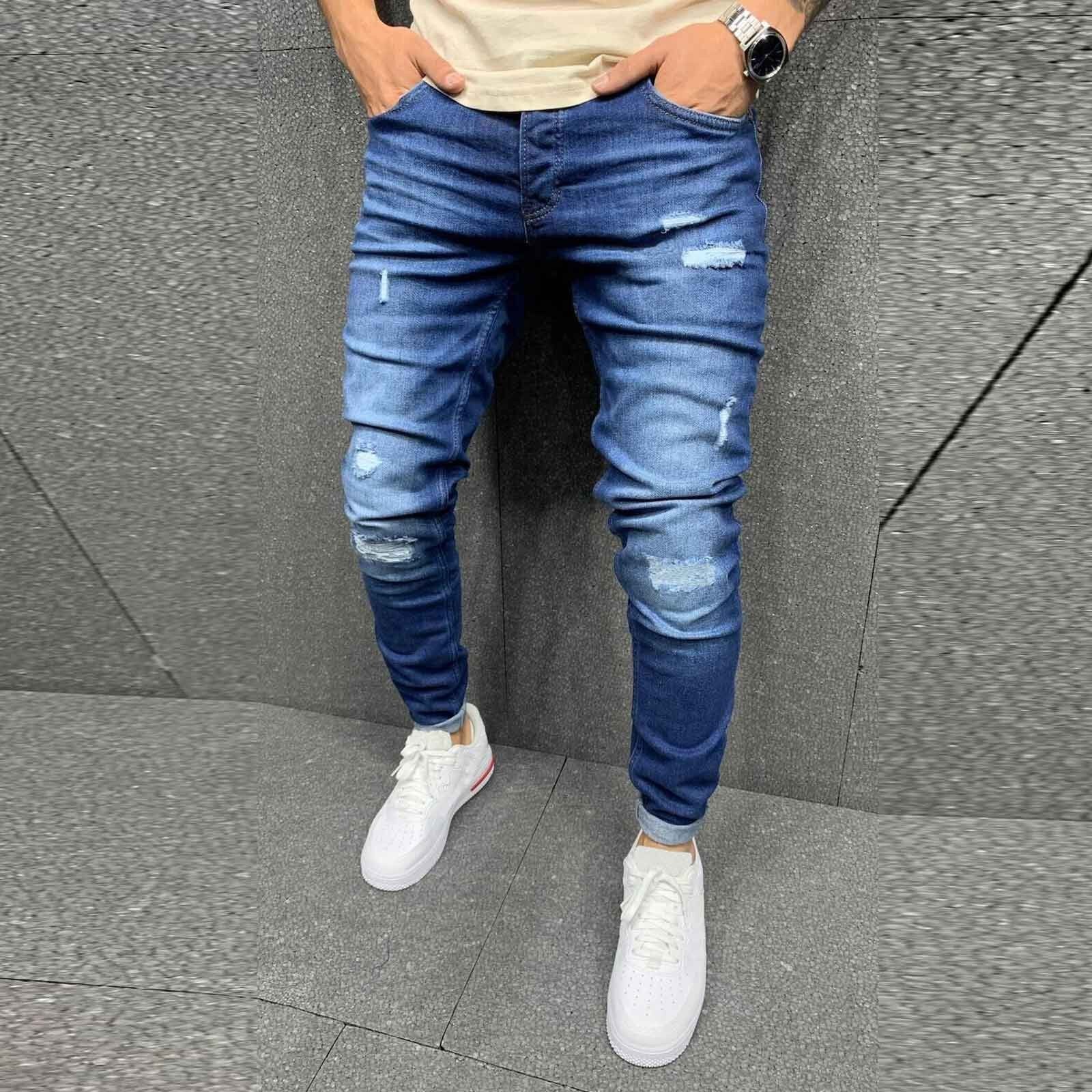 Men High Waist Striped Zipper Denim Hole Ripped Stretch Vintage Hip Hop Work Skinny Trousers Jeans Pencil Long Pants#35