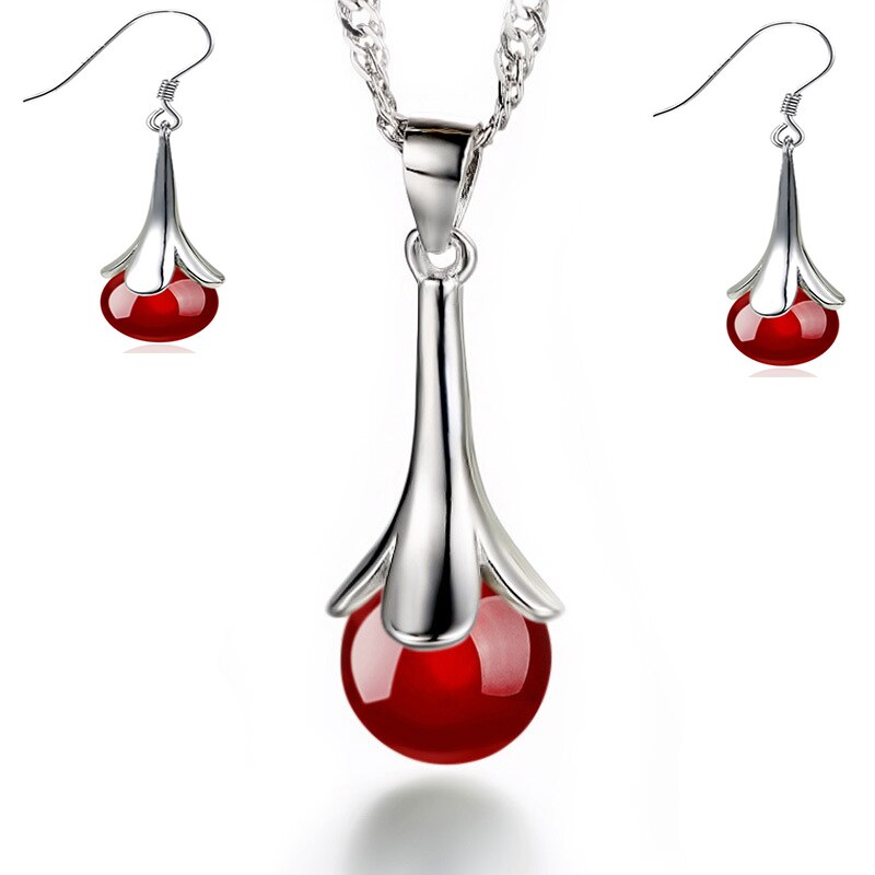 MEYRROYU 925 Sterling Silber Halskette Ohrringe Perle Anhänger Schmuck einstellen Dame, Verlobung, Hochzeit Cерьги Oжерелье: 2