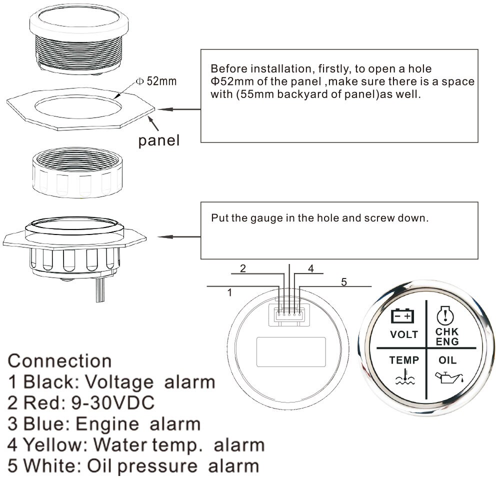 52mm 4 LED Alarm Gauge Meter Volt/Oil Press/Water Temp/Check Engine Alarm Indicator Gauge fit Car Boat With Backlight 12V 24V