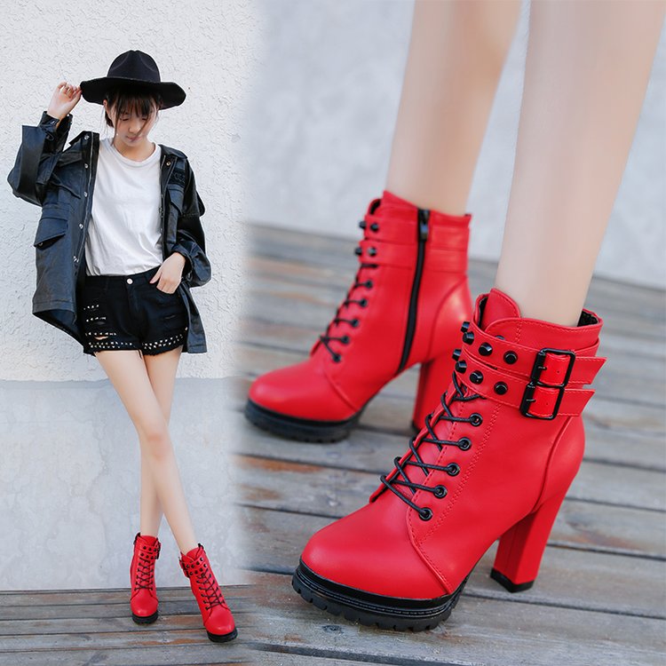 Women High Heel 11 cm Shoes Martain Boot Leather Lace-Up British Style Solid Color Round Toe Shoe Retro Rivet Motorcycle Boots