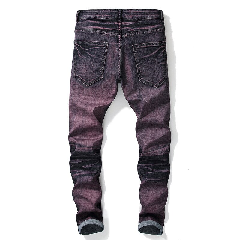 À la déchiré violet jean hommes coupe étroite serré cheville moteur Biker jean hommes pantalon Punk Rock trou couleur contraste jean hommes