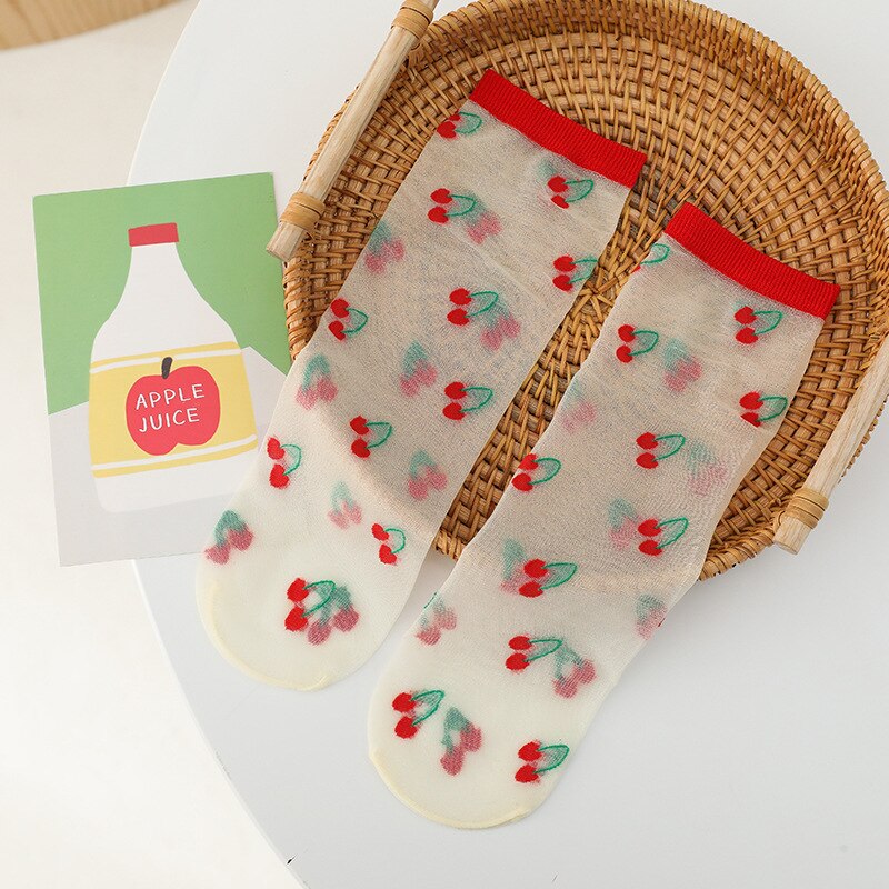 Kids Summer Nylon Knee High Socks With Print Children Toddler Girls Baby Boys Mesh Thin Cute Tube Invisible Long Socks Kawaii: Cherry